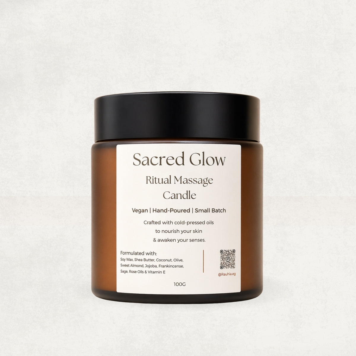 Rauhia Sacred Glow massage candle with rose and frankincense