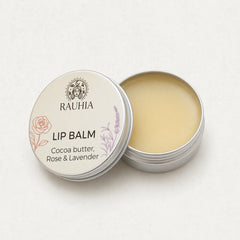 Rauhia Rose and Lavender Lip Balm open jar showing balm texture